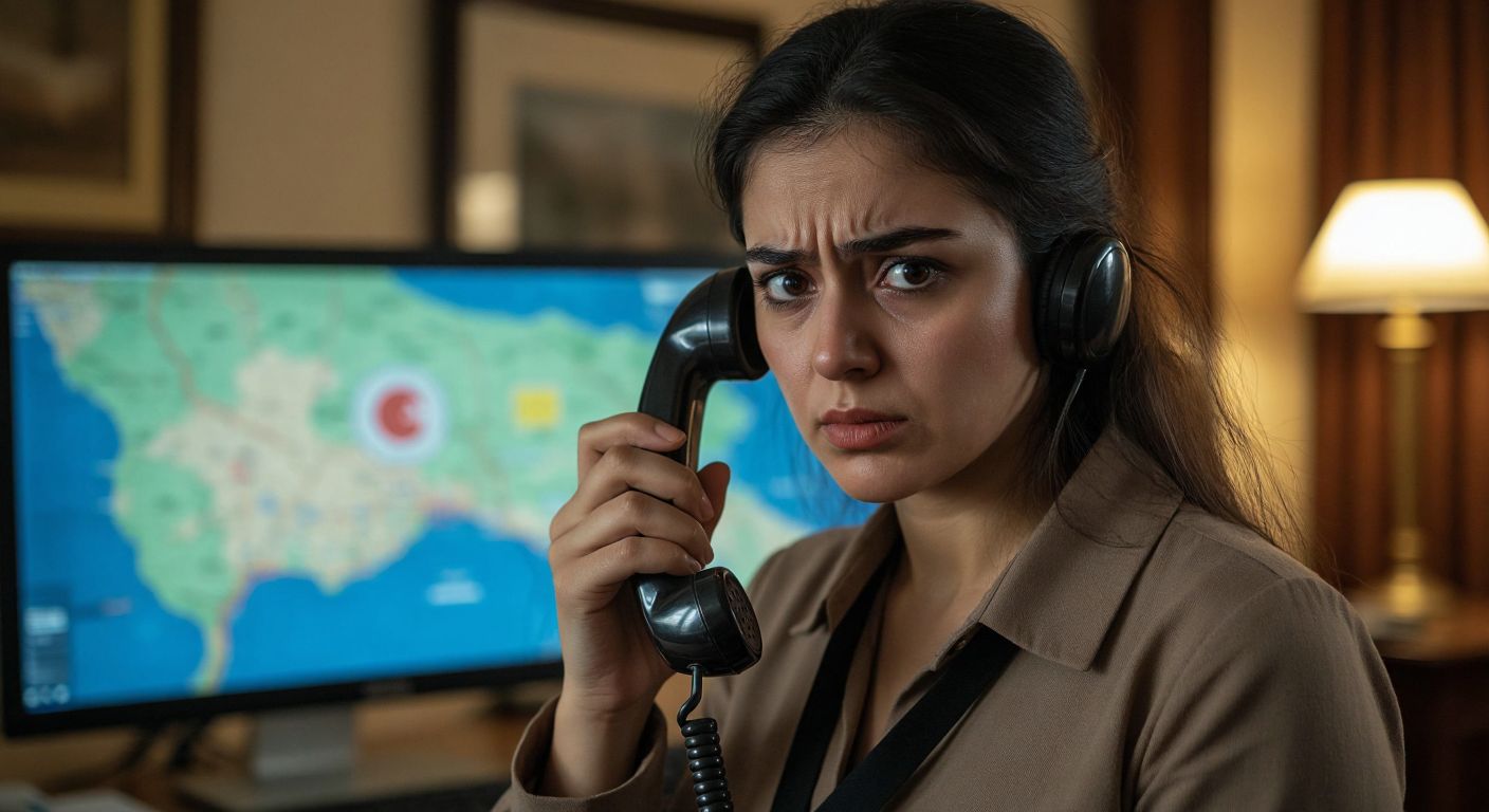 A concerned person in Ankara holds a ringing landline phone with a suspicious expression, standing near a blurred computer screen showing a map of Turkey.