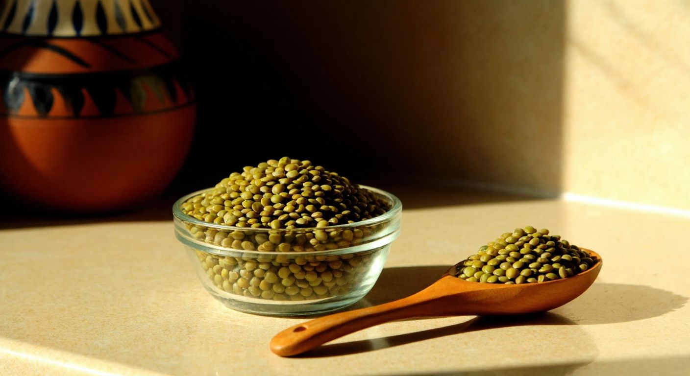 A rustic Turkish kitchen counter with a small glass bowl filled with green lentils, a wooden spoon resting beside it, and a traditional ceramic tablespoon holding a scoop of lentils against a warm, sunlit backdrop.
