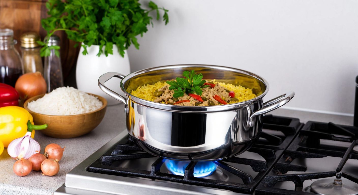 A gleaming stainless steel rice cooking pot with a polished surface sits on a gas stove, surrounded by fresh ingredients like rice, onions, and spices, evoking a clean and professional Turkish kitchen.
