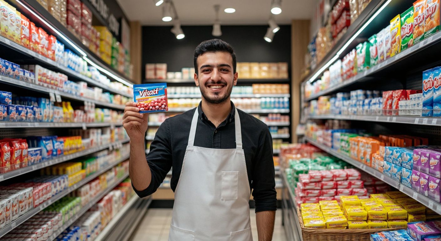 A cheerful Turkish shopkeeper in a white apron holds up a pack of Vivident chewing gum on a well-stocked supermarket shelf with colorful products under warm lighting.