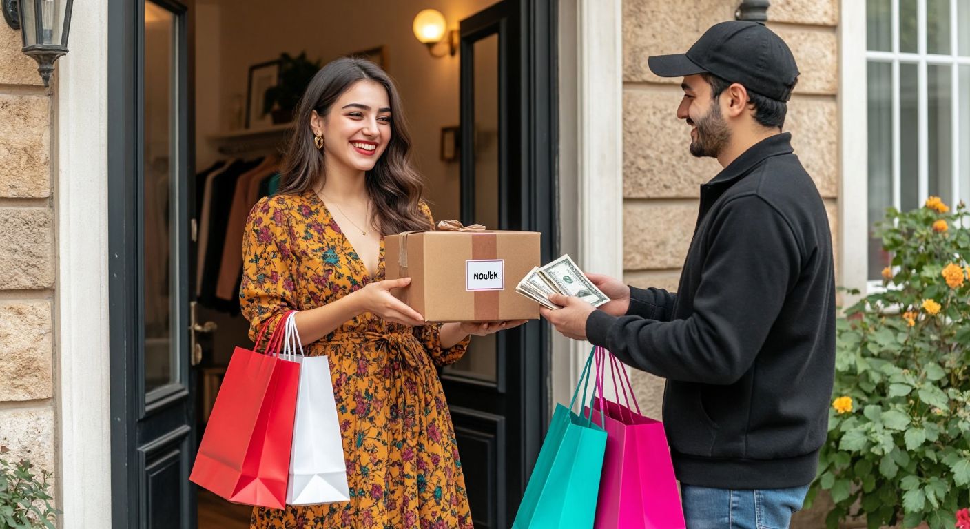 A cheerful Turkish woman in a stylish dress holds a package from NonaButik while handing cash to a smiling delivery person at her doorstep, surrounded by vibrant shopping bags.