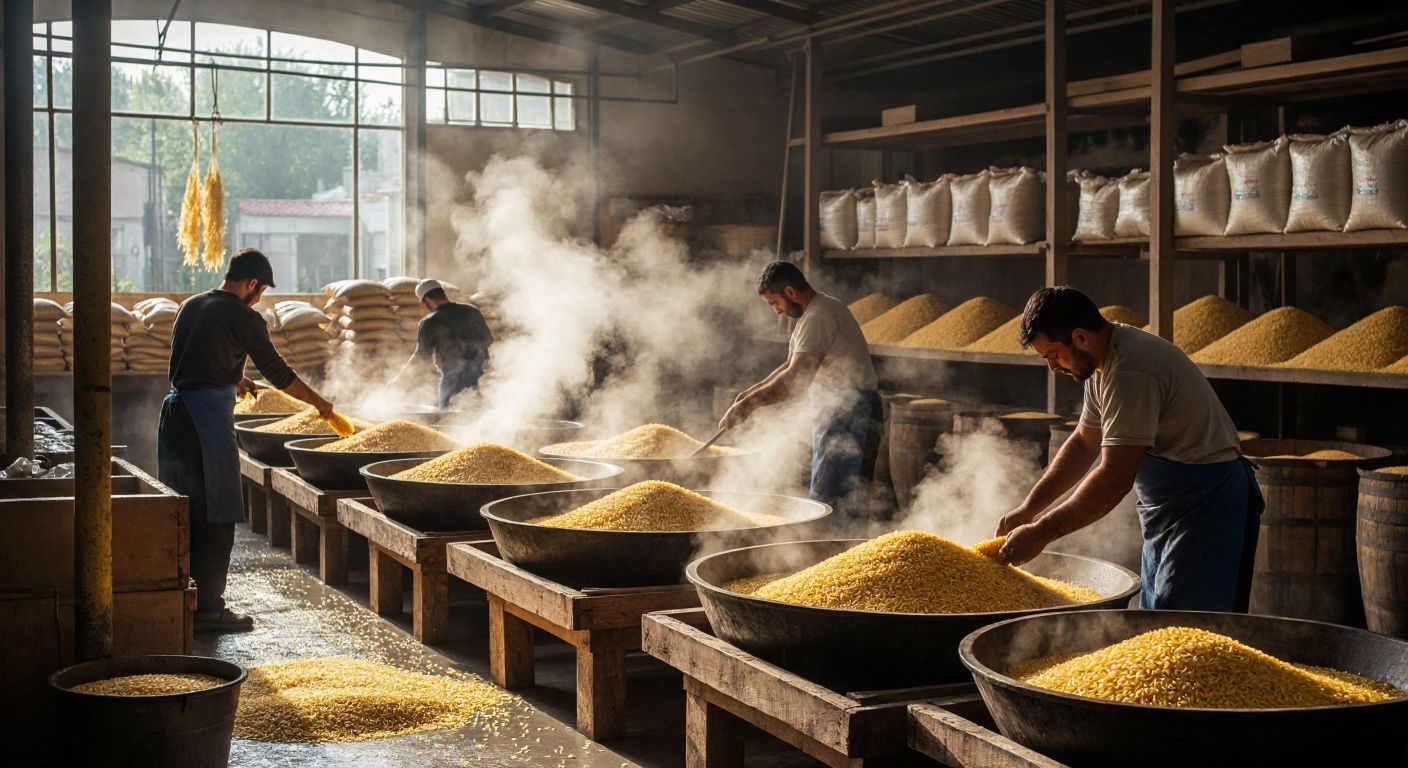 A rustic Turkish rice factory with workers sorting golden rice grains on wooden trays, steam rising from boiling vats, and sacks of rice stacked in the background.