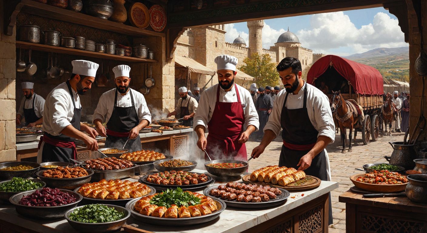A vibrant scene of a bustling Ottoman-era kitchen with chefs in traditional attire preparing rich dishes like baklava and kebabs, while a caravan of nomads in the background symbolizes the transition from Central Asian to Anatolian culinary traditions.