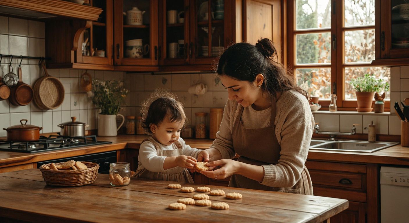 A Turkish mother in a cozy kitchen carefully counts ten baby biscuits on a wooden table while a curious toddler reaches for them, with a nutrition label visible in the background.