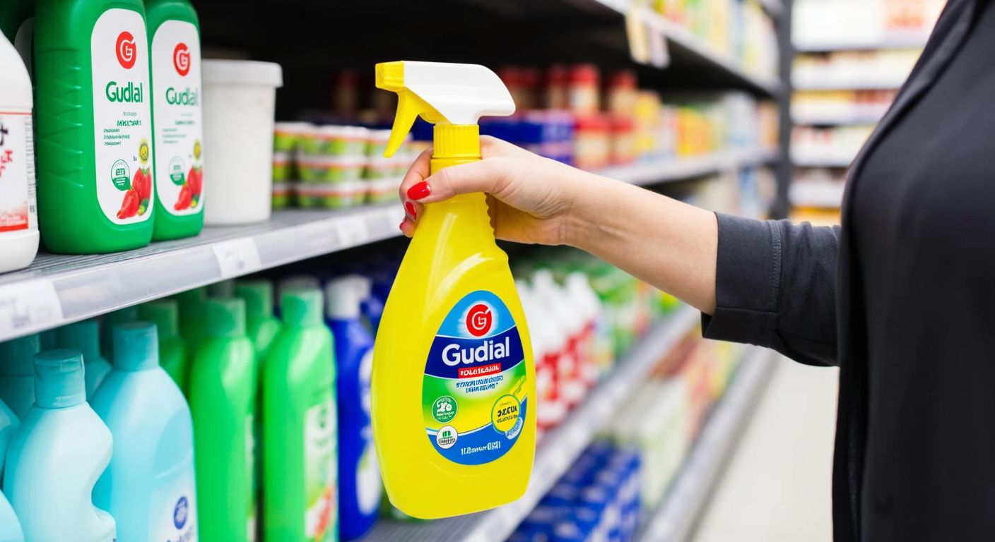 A bright yellow spray bottle labeled "Güldal" sits on a supermarket shelf in Turkey, surrounded by other cleaning products, with a shopper in casual clothing reaching for it.