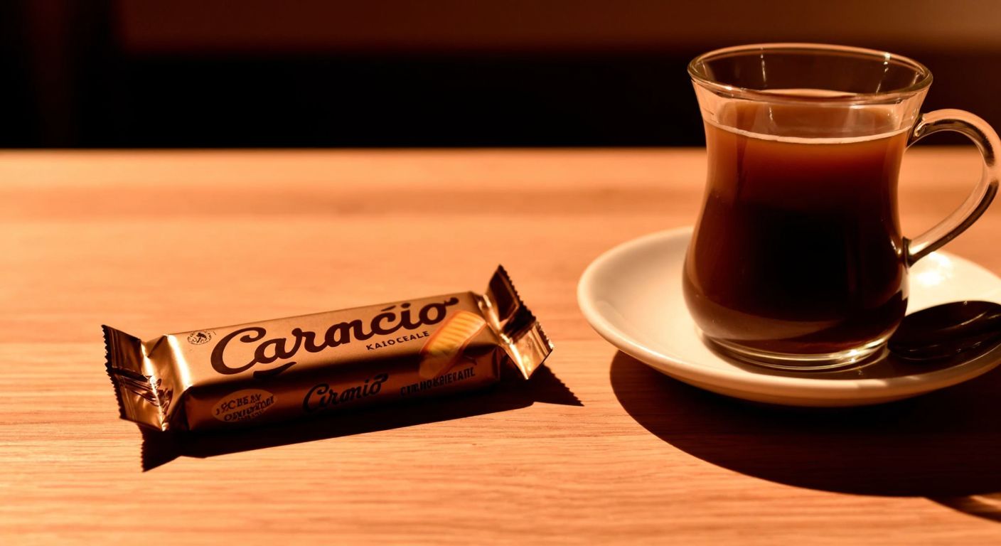 A small, unwrapped caramel-colored Caramio chocolate bar resting on a wooden table next to a Turkish coffee cup, with a warm, golden light casting a subtle glow over the scene.