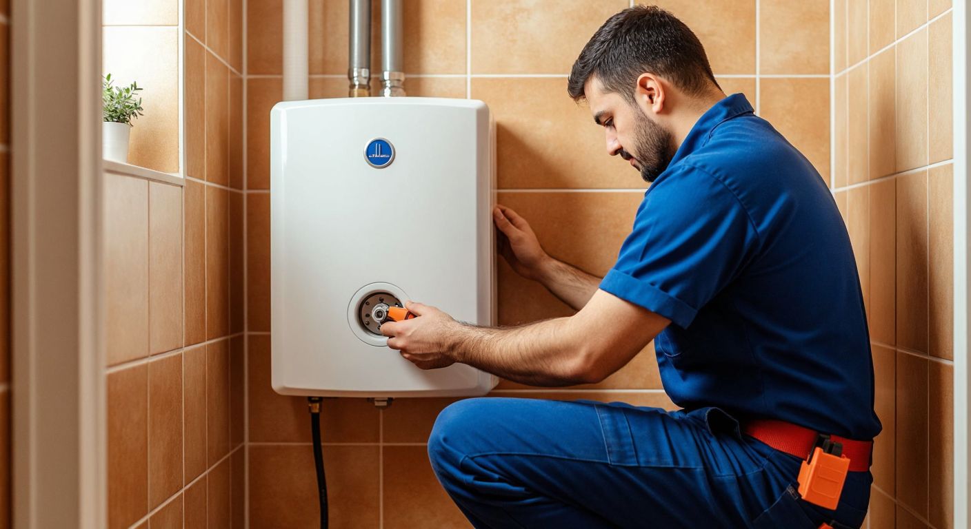A Turkish technician in a blue uniform carefully installing a wall-mounted combi boiler with a 10 cm gap from the wall, set in a modern apartment with warm-toned tiles.
