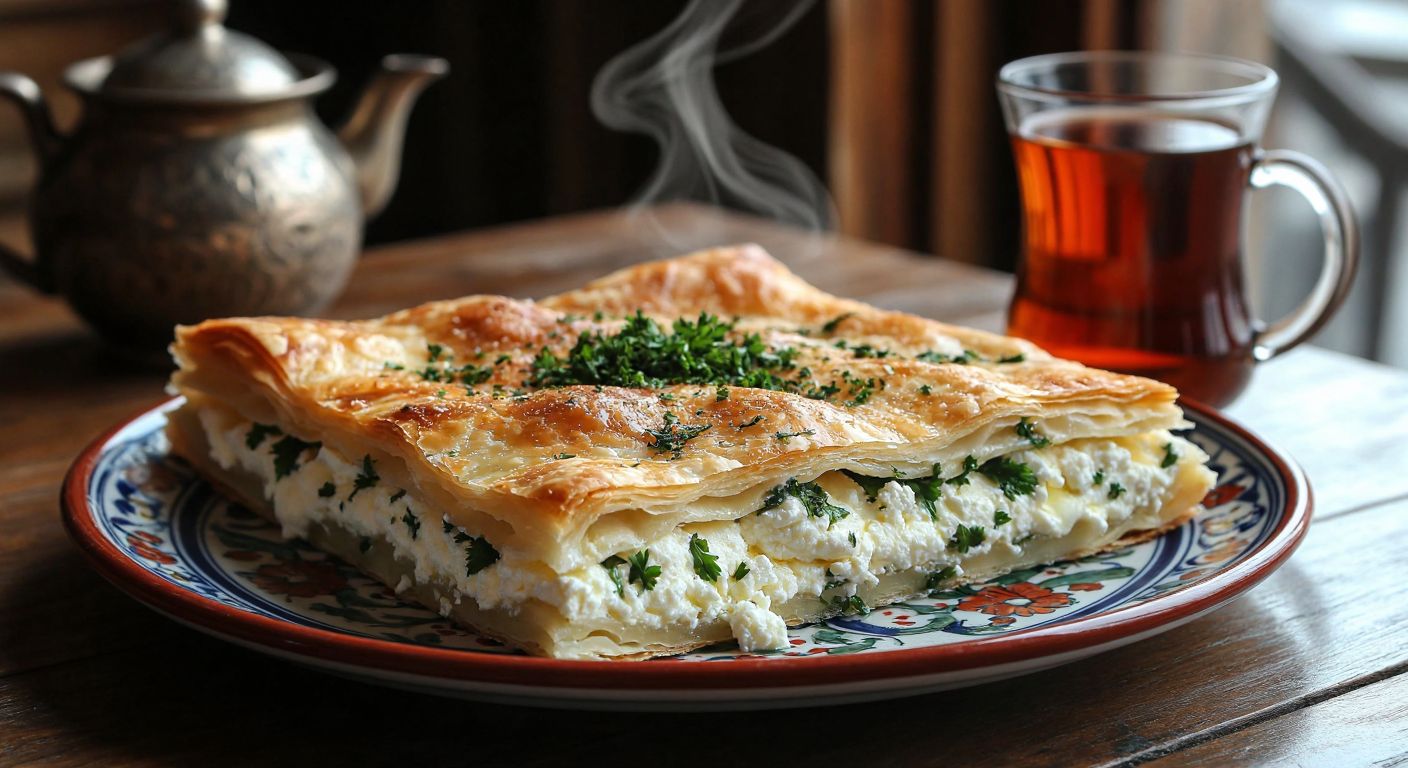 A golden, flaky *su böreği* layered with melted white cheese and fresh parsley, resting on a traditional Turkish ceramic plate beside a steaming glass of çay.