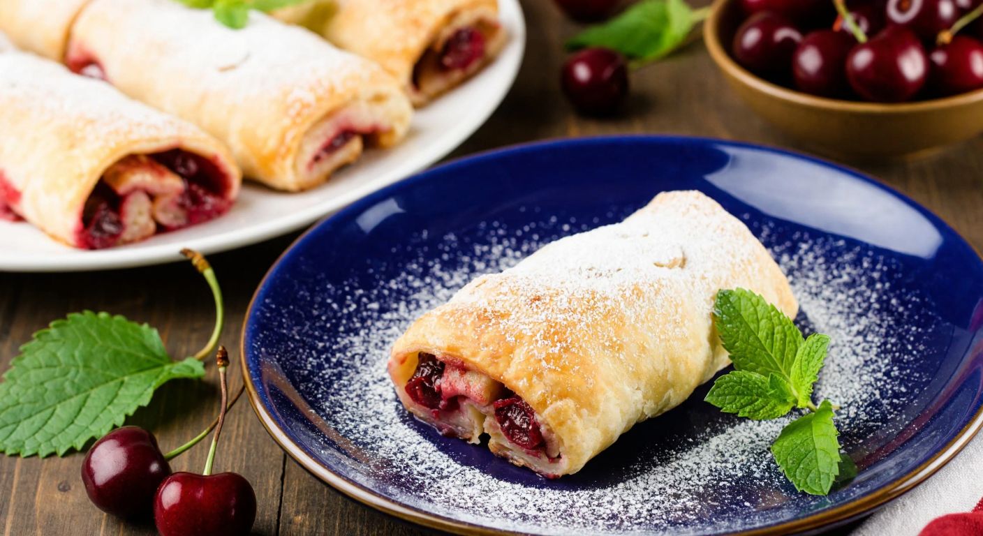 A rustic wooden table in Ankara holds a golden-brown vişneli sarma dusted with powdered sugar, while a similar dish on a blue ceramic plate in Edirne is garnished with fresh mint leaves, both surrounded by bowls of sour cherries and vine leaves.