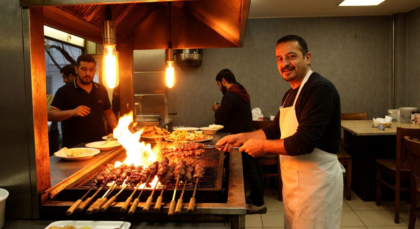 A bustling Turkish kebab restaurant in Kilis, with a warm glow from the grill, skewers of sizzling meat, and a friendly middle-aged man in an apron greeting customers near a rustic wooden counter.