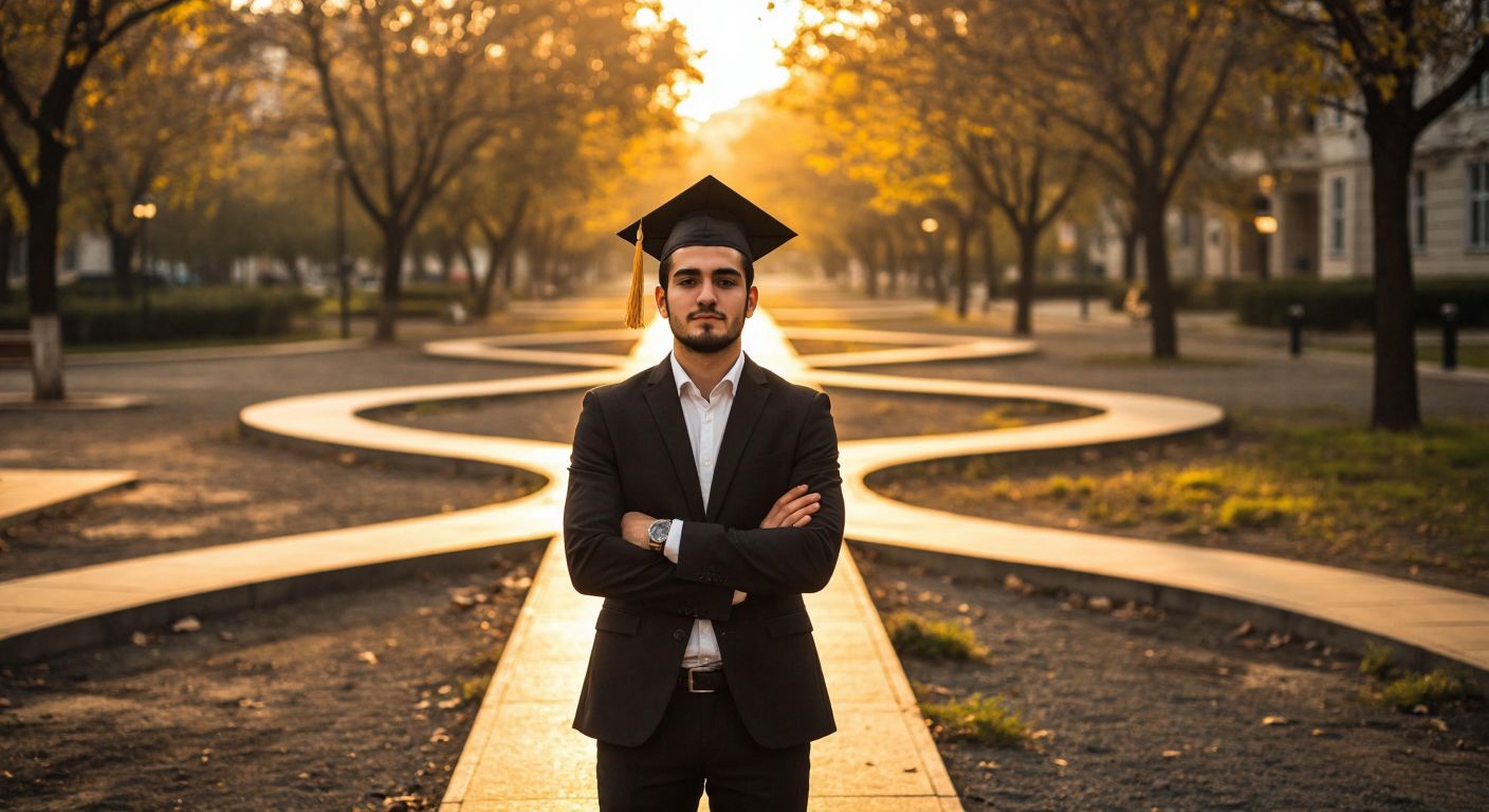 A young Turkish graduate in a formal suit confidently stands at the crossroads of multiple career paths, each leading to vibrant office settings representing finance, marketing, and customer service, with a warm golden light symbolizing opportunity.