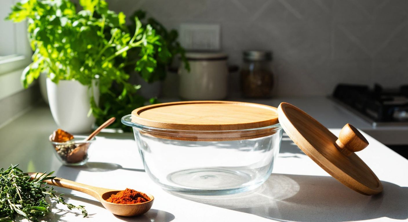 A clear glass bowl with a matching wooden lid sits on a sunlit kitchen counter in Turkey, surrounded by fresh herbs and colorful spices, evoking freshness and practicality.