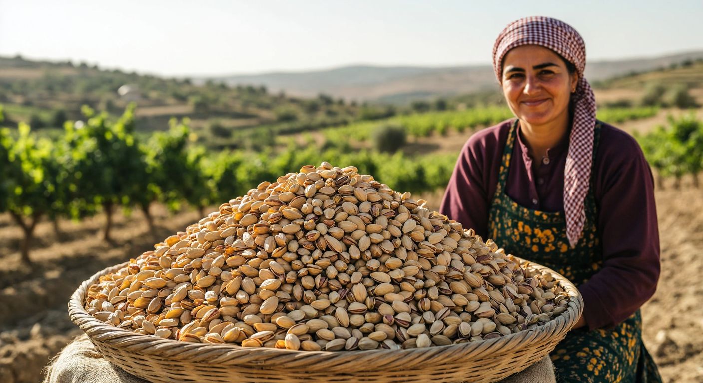 A golden-brown pile of freshly harvested Urfa pistachios with their thin, slightly split shells, resting on a woven Turkish tray beside a sunlit pistachio orchard in Şanlıurfa, with a farmer in traditional loose trousers and a checkered headscarf smiling proudly.