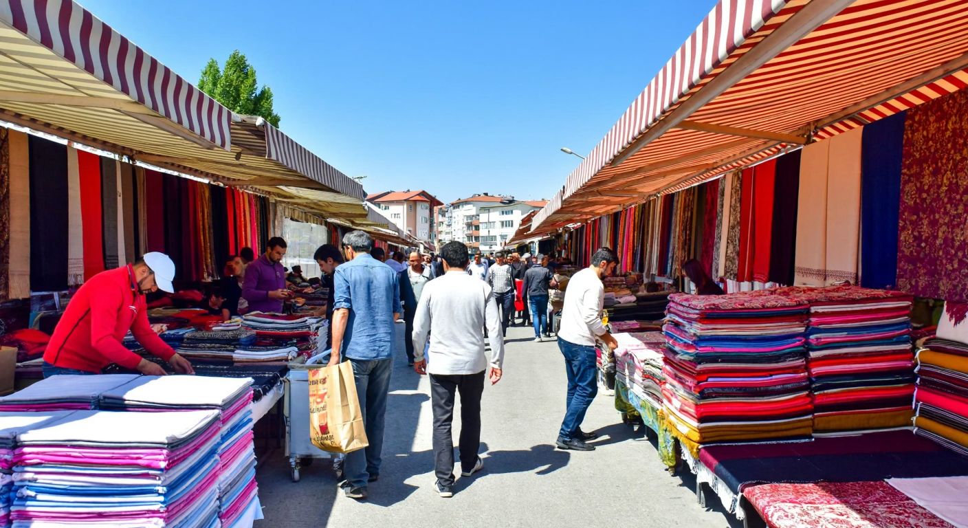 A bustling outdoor market in Samsun, with colorful stacks of fabrics under striped awnings, vendors in casual attire arranging textiles, and shoppers browsing under the warm sunlight.
