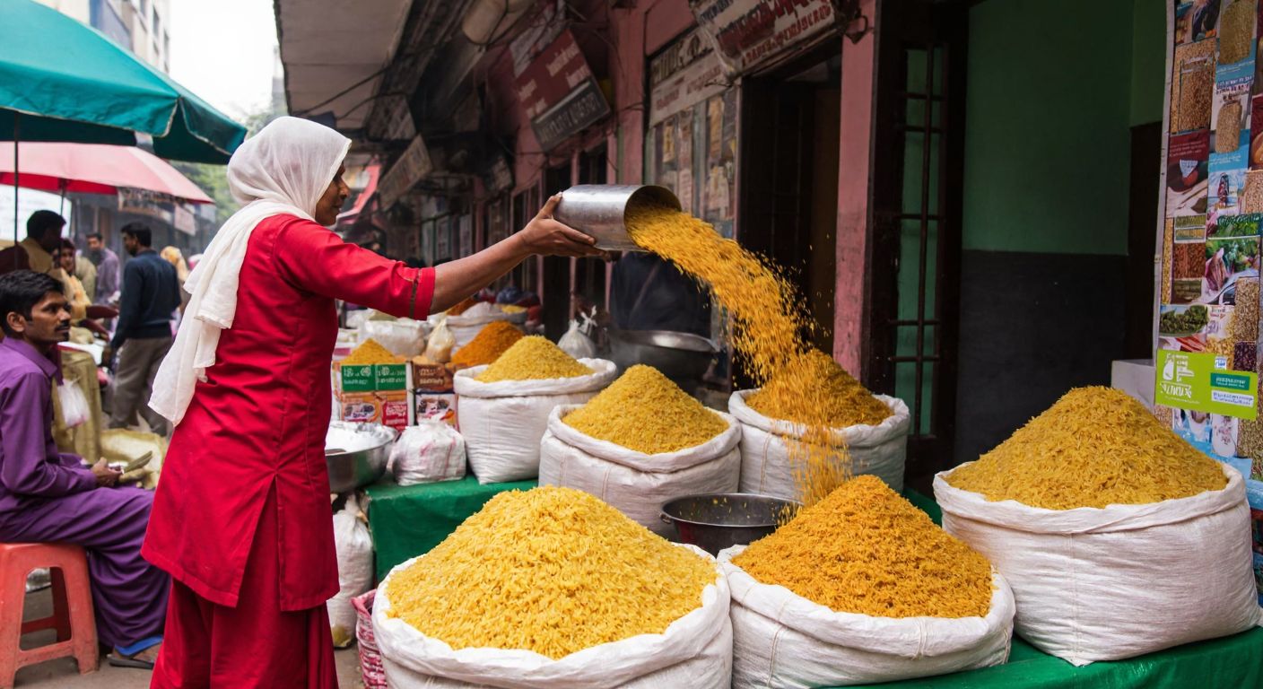 A vibrant marketplace stall in India displaying large sacks of golden basmati rice with the aroma of spices lingering in the air, as a vendor in traditional attire scoops rice for a customer.