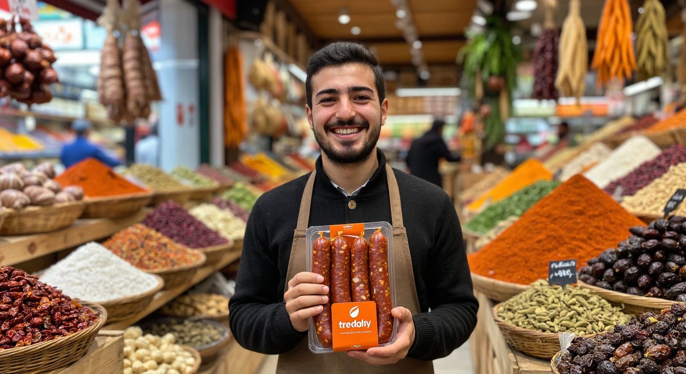 A smiling Turkish shopper holds a package of sucuk with the Trendyol logo, standing in a vibrant marketplace filled with fresh spices and traditional foods.