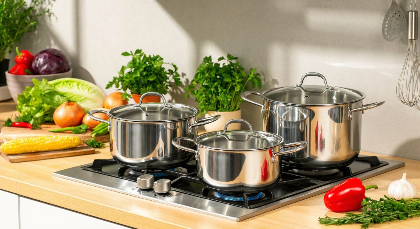 A gleaming stainless steel cookware set with ergonomic handles and a strainer lid sits on a modern stovetop in a sunlit Turkish kitchen, surrounded by fresh vegetables and herbs.