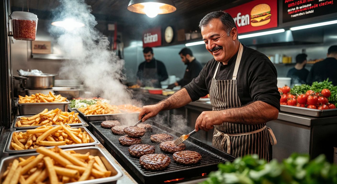 A bustling burger restaurant in Düzce with a smiling middle-aged Turkish man in an apron flipping juicy burgers on a grill, surrounded by steaming trays of golden fries and vibrant fresh ingredients.