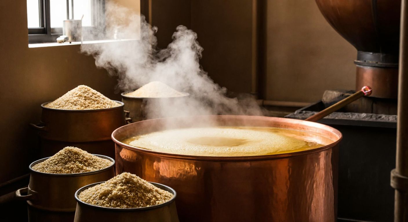 A golden-brown, frothy liquid in a large copper brewing vat, surrounded by sacks of malted barley and a wooden mash paddle resting against it, with steam rising in a rustic Turkish brewery.