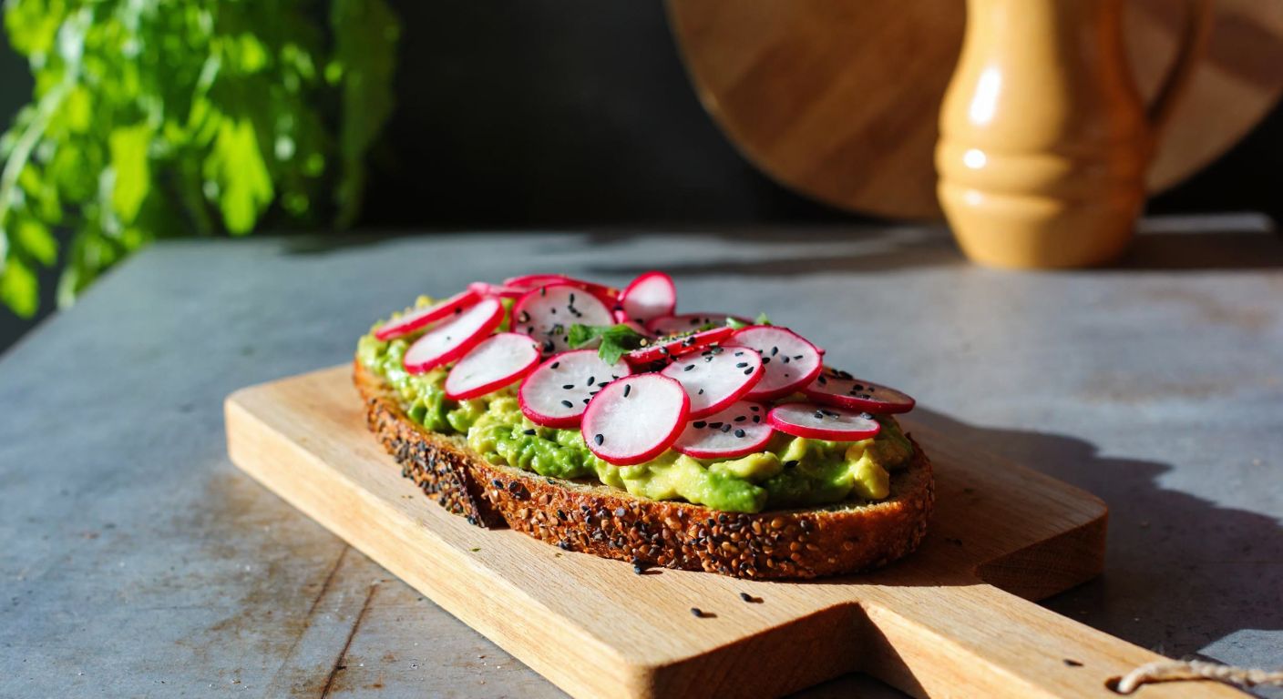 A golden-brown chia seed toast with creamy avocado spread, topped with thinly sliced red radishes and sprinkled with tiny black chia seeds, resting on a rustic wooden cutting board in a sunlit Turkish kitchen.