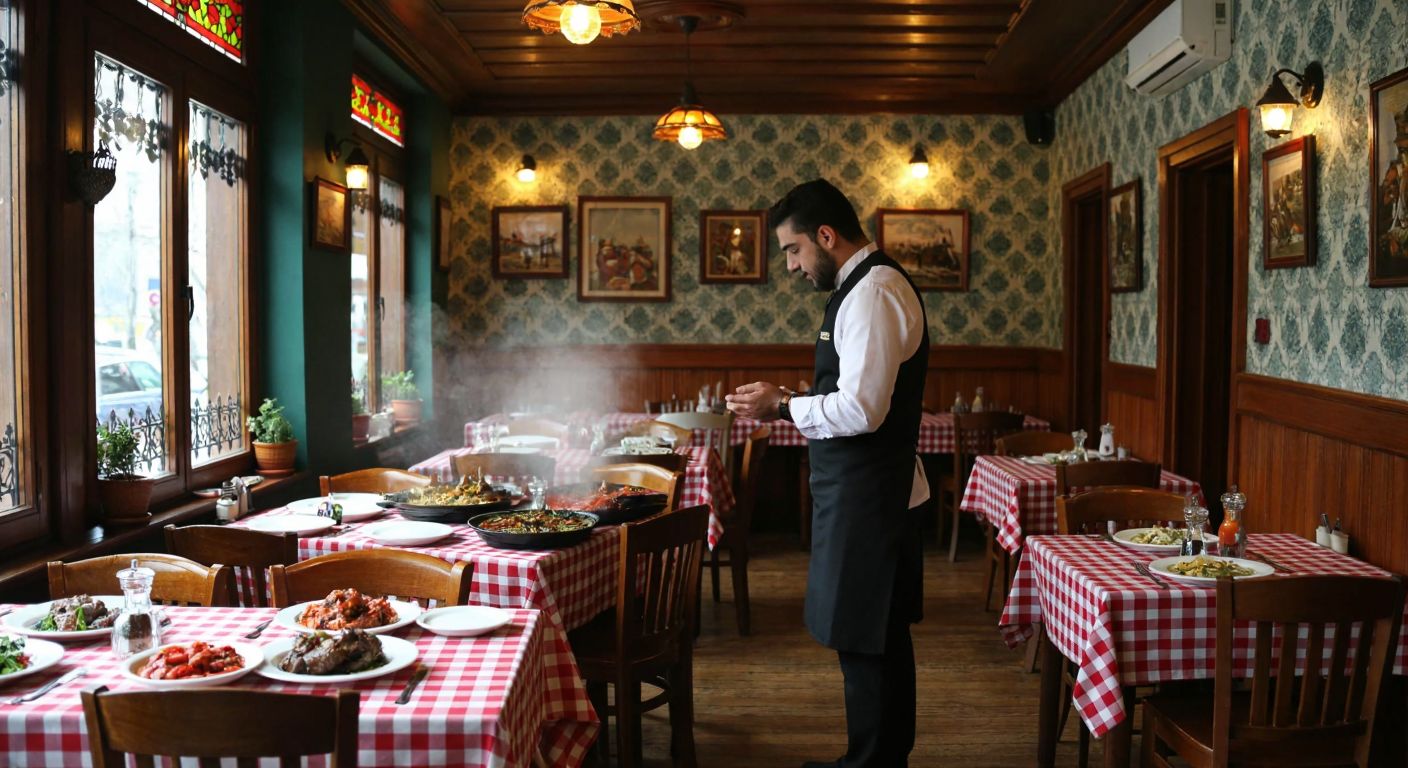 A traditional Turkish restaurant with wooden tables and checkered tablecloths, filled with steaming plates of kebabs and meze, where a waiter shakes his head politely in response to a customer's question.