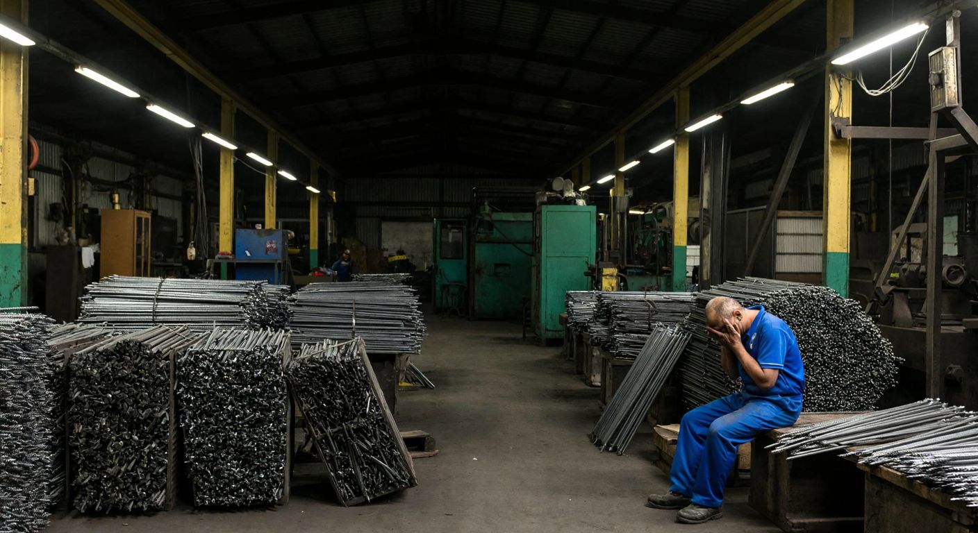 A dimly lit industrial factory in Turkey with idle machinery, stacks of unused metal screws and nails, and a weary factory worker in a blue uniform sitting with his head in his hands.