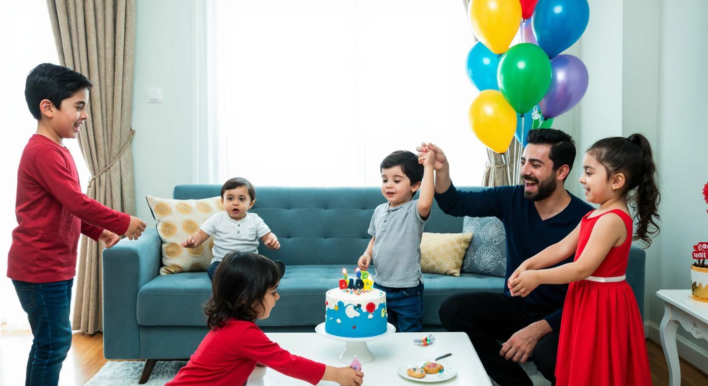 A joyful Turkish family celebrating a young boy’s birthday in a colorful home setting, with a decorated cake, balloons, and children playing games.
