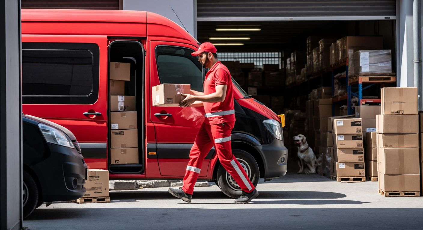 A busy Turkish courier worker in a red uniform swiftly loading packages onto a delivery van outside a bustling electronics warehouse, with a customer eagerly waiting nearby.