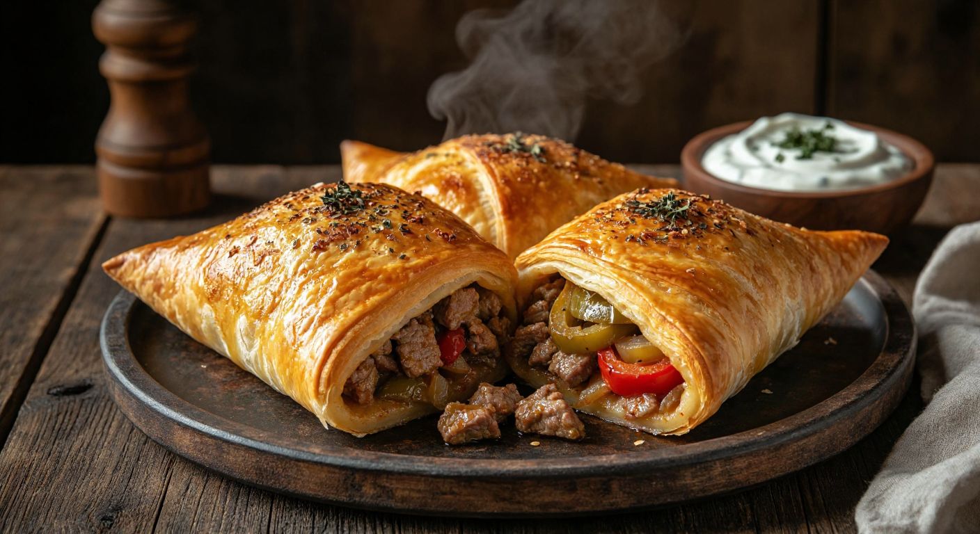 A golden-brown, flaky *Alanya bohçası* sits steaming on a rustic wooden table, its crispy layers revealing a savory filling of diced meat, onions, and peppers, drizzled with melted butter and served alongside a bowl of creamy yogurt, evoking the warmth of a traditional Turkish kitchen in Alanya.