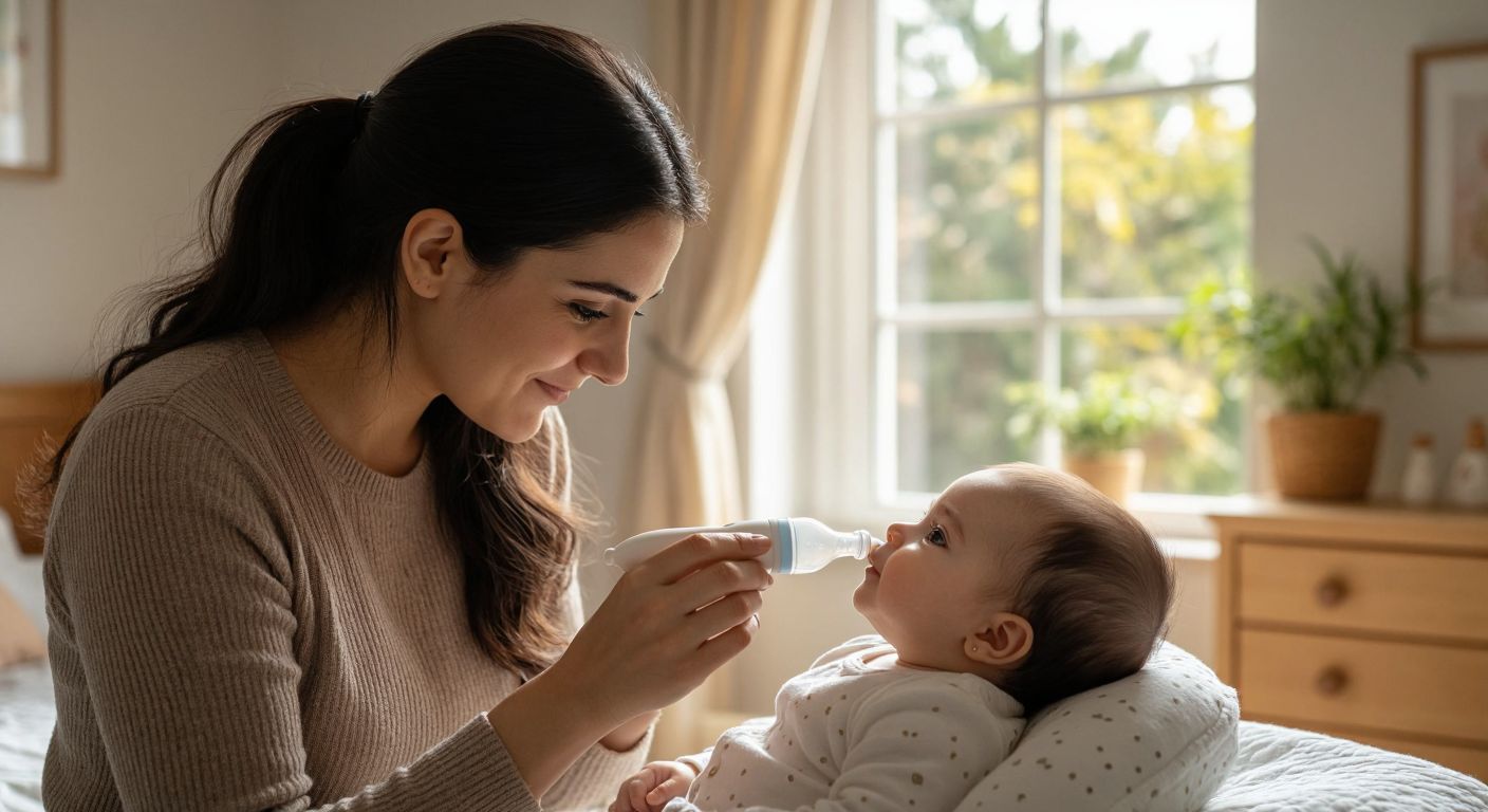 A gentle Turkish mother carefully holds a nasal aspirator with a soft, replaceable tip near her baby’s nose in a cozy, sunlit nursery.