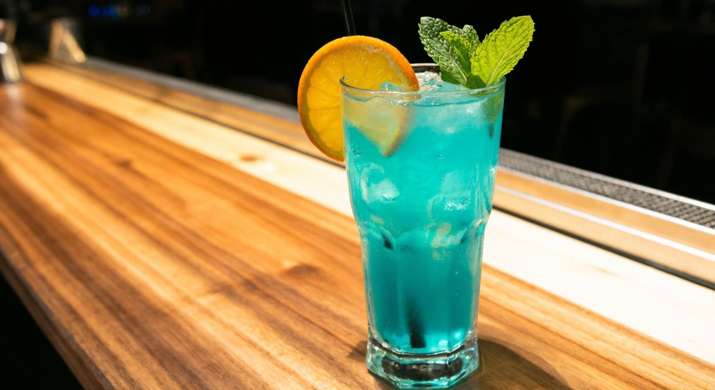 A tall, frosty glass filled with vibrant blue liquid, garnished with a slice of orange and a sprig of mint, resting on a wooden bar counter under warm ambient lighting.