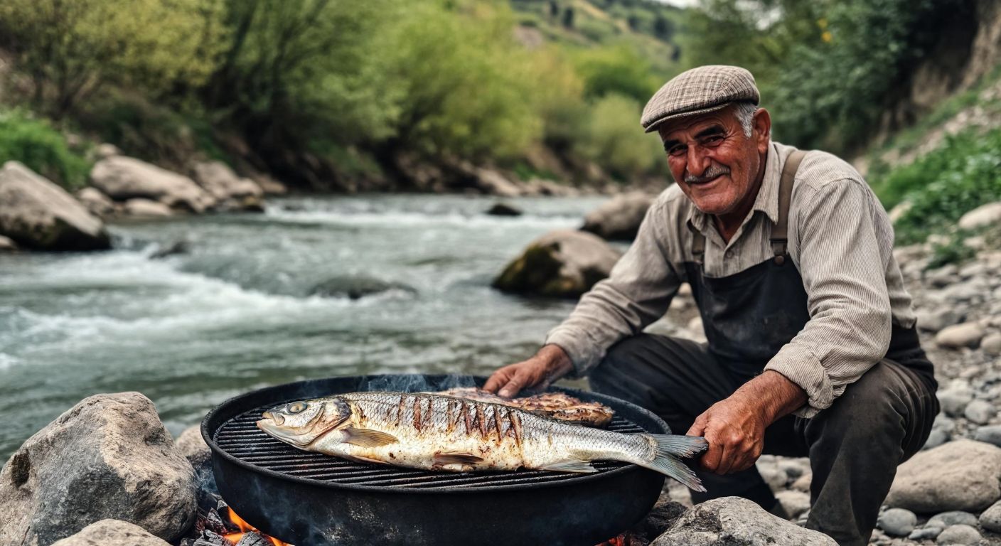 A freshly caught river fish sizzling on a charcoal grill beside a bubbling stream in a lush green Turkish valley, with a smiling elderly fisherman in a flat cap proudly watching over it.