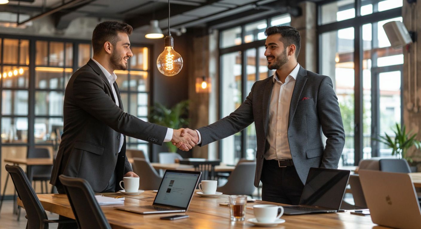 A confident Turkish businessperson in a sleek suit shakes hands with a young entrepreneur in a modern Istanbul co-working space, surrounded by laptops, coffee cups, and a glowing lightbulb symbolizing innovation.