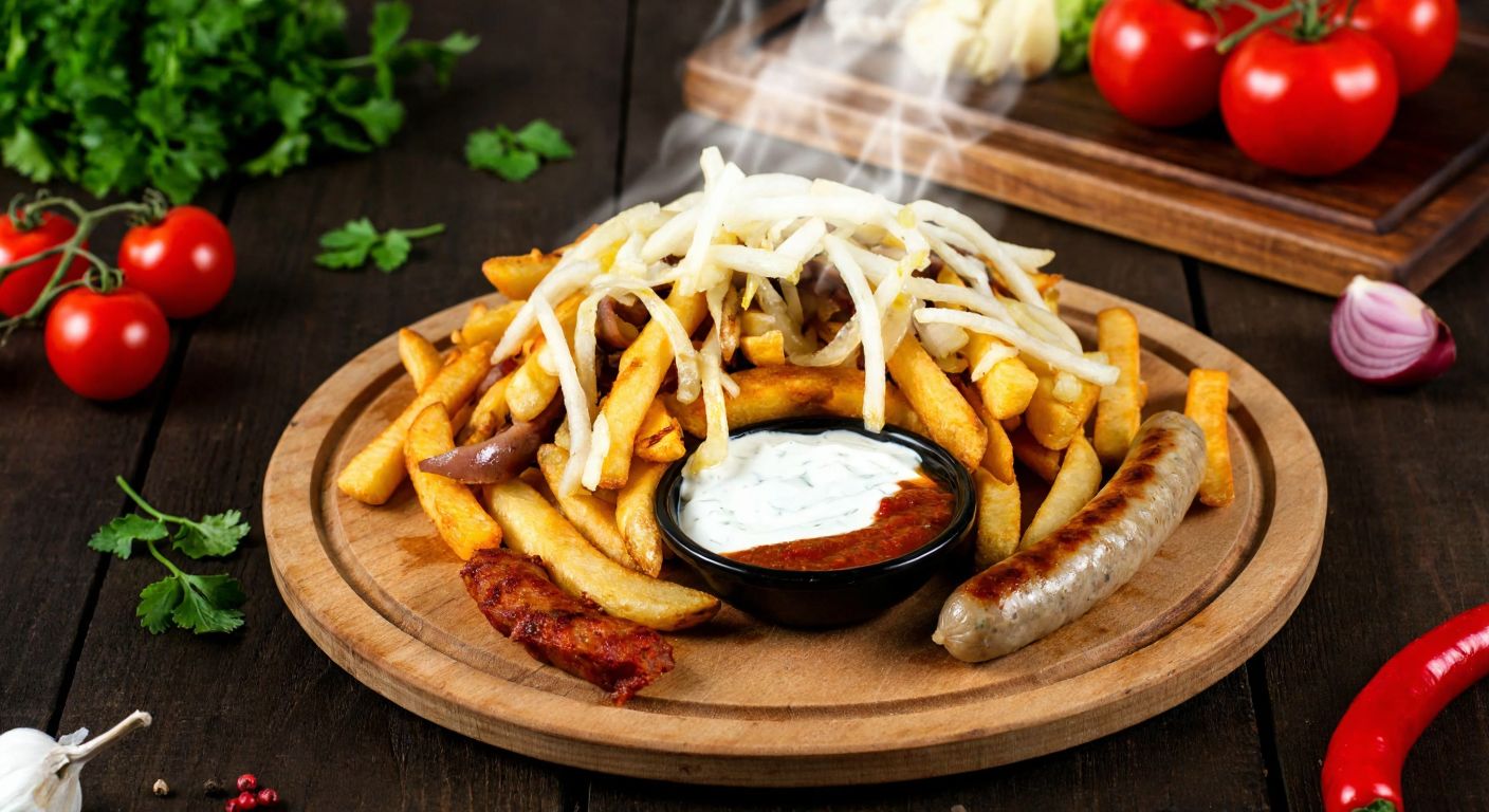 A steaming plate of *patso* (a Turkish street food with fries, sausages, and sauces) sits on a rustic wooden table, surrounded by fresh ingredients like tomatoes and parsley, evoking warmth and appetite.