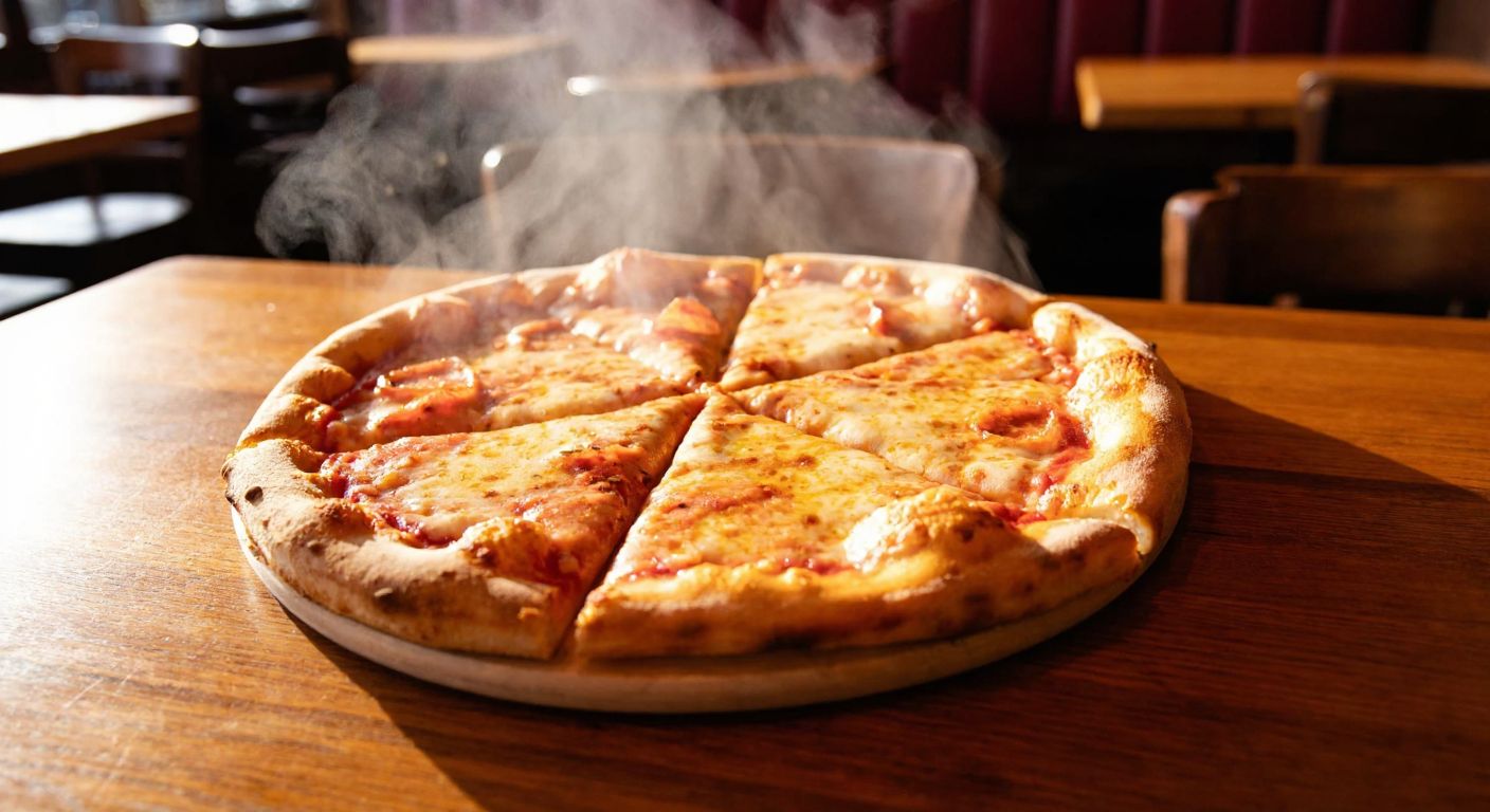 A freshly baked medium-sized pizza with six perfectly sliced triangular pieces, steam rising from melted cheese, placed on a wooden table in a cozy pizzeria with warm lighting.