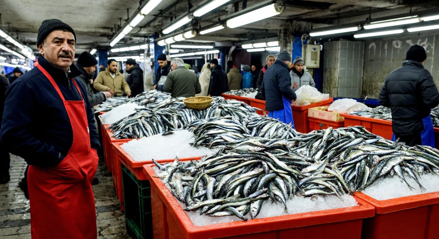 A bustling Turkish fish market with fresh hamsi piled high on ice, vendors in aprons calling out to customers, and the chilly air of winter hinting at the peak season.