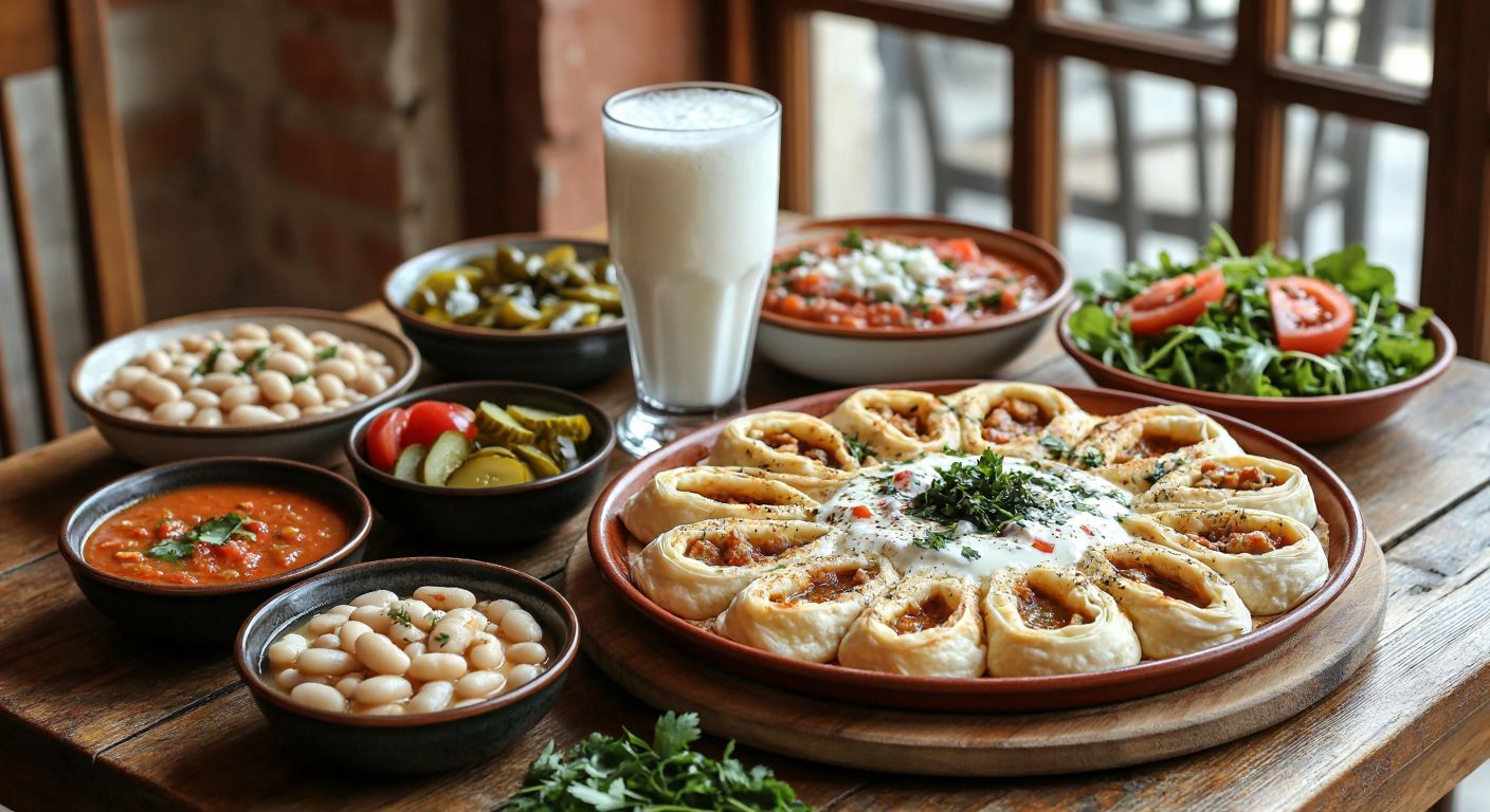 A rustic wooden table in a Turkish home setting holds a steaming plate of siron (rolled dough with yogurt), surrounded by small bowls of white bean stew, tangy pickles, a glass of frothy ayran, a warm tomato soup, and a fresh salad with roka and tomatoes.