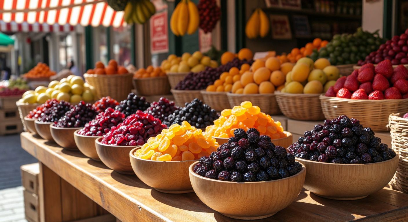 A vibrant wooden table in a Turkish market displays small bowls filled with colorful dried grapes—deep red strawberry-flavored, dark purple blackberry-infused, and golden orange-mango-scented—surrounded by fresh fruit baskets and warm sunlight filtering through a striped awning.