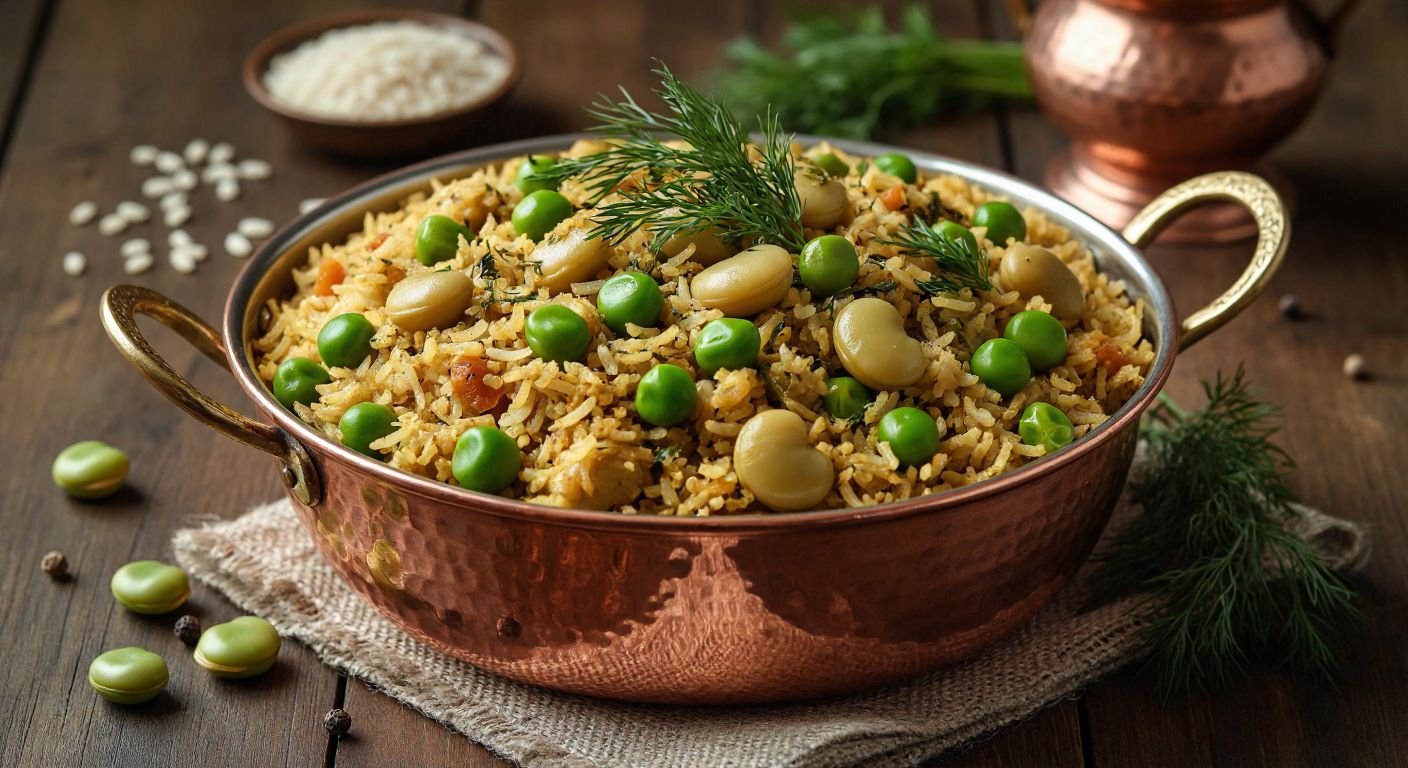 A steaming copper pot of golden Azerbaijani plov, filled with fluffy rice, tender broad beans, and bright green peas, garnished with fresh dill on a wooden table with scattered ingredients like rice grains and broad beans around it.