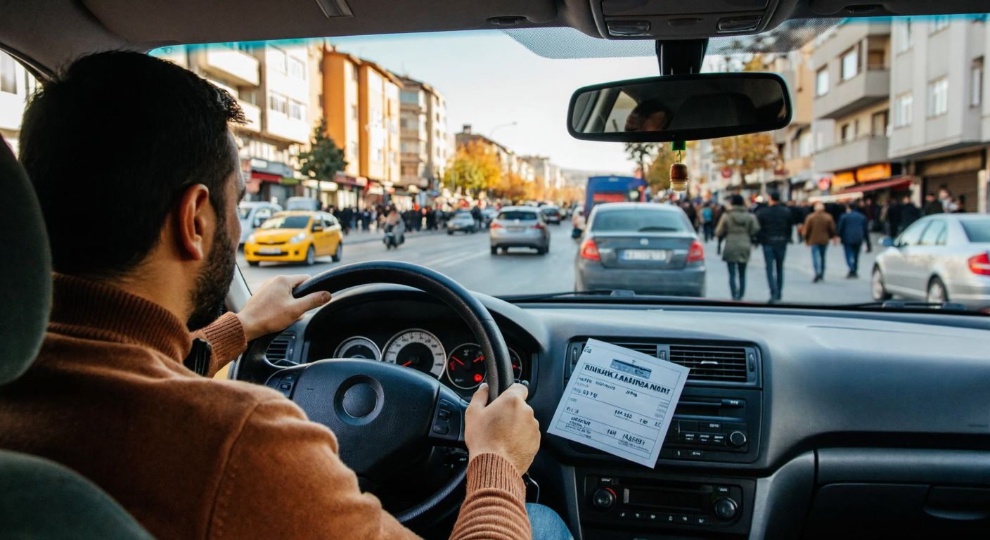 A frustrated Turkish driver gripping a steering wheel with a tax bill on the dashboard, surrounded by a bustling Ankara street scene.