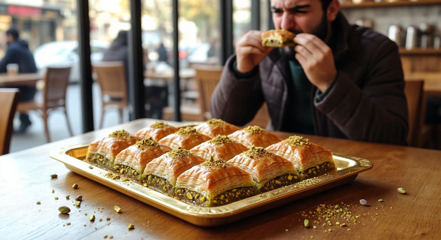 A golden tray of flaky baklava with pistachio filling sits on a wooden table in a Turkish café, surrounded by scattered crumbs and a disappointed customer frowning at a small foreign object in their bite.