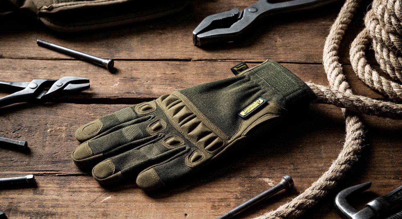 A rugged, olive-green Mechanix Wear glove rests on a rough wooden workbench, surrounded by scattered metal tools and a coiled rope, evoking durability and utility in military or industrial settings.