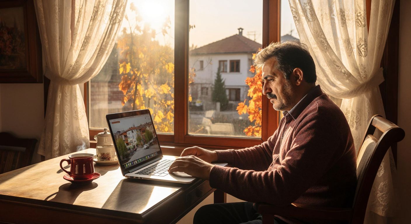 A Turkish citizen in Uşak sits at a wooden desk with a laptop displaying a municipal website, a steaming cup of çay beside them, while sunlight streams through a window with traditional lace curtains.
