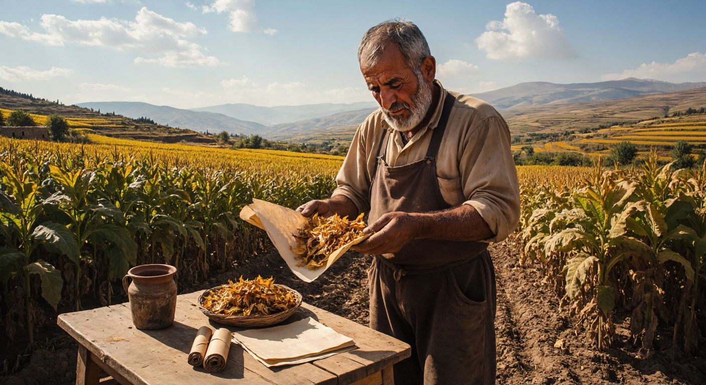 A weathered Turkish farmer in a sunlit field in Adıyaman carefully holds dried tobacco leaves, with rolling papers and a rustic wooden table nearby.