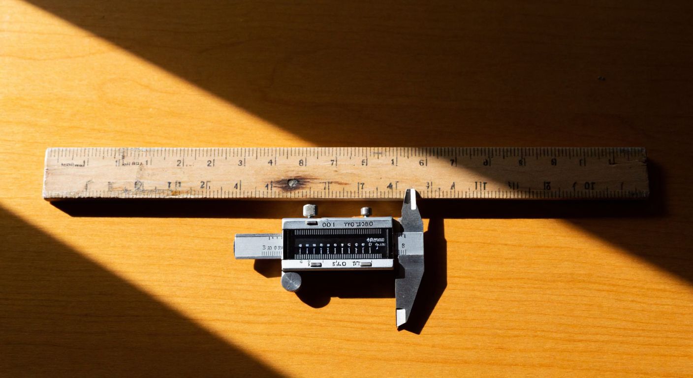 A weathered wooden ruler lies on a sunlit table next to a small metal caliper, with a tiny gap between them representing the precise conversion from inches to millimeters.