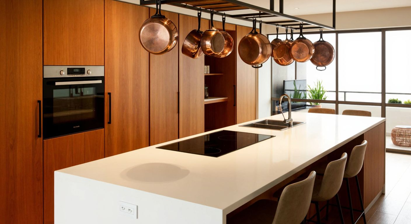 A modern Turkish kitchen with a sleek white MDF countertop seamlessly integrating a built-in stove, surrounded by warm wooden cabinets and copper pots hanging above.