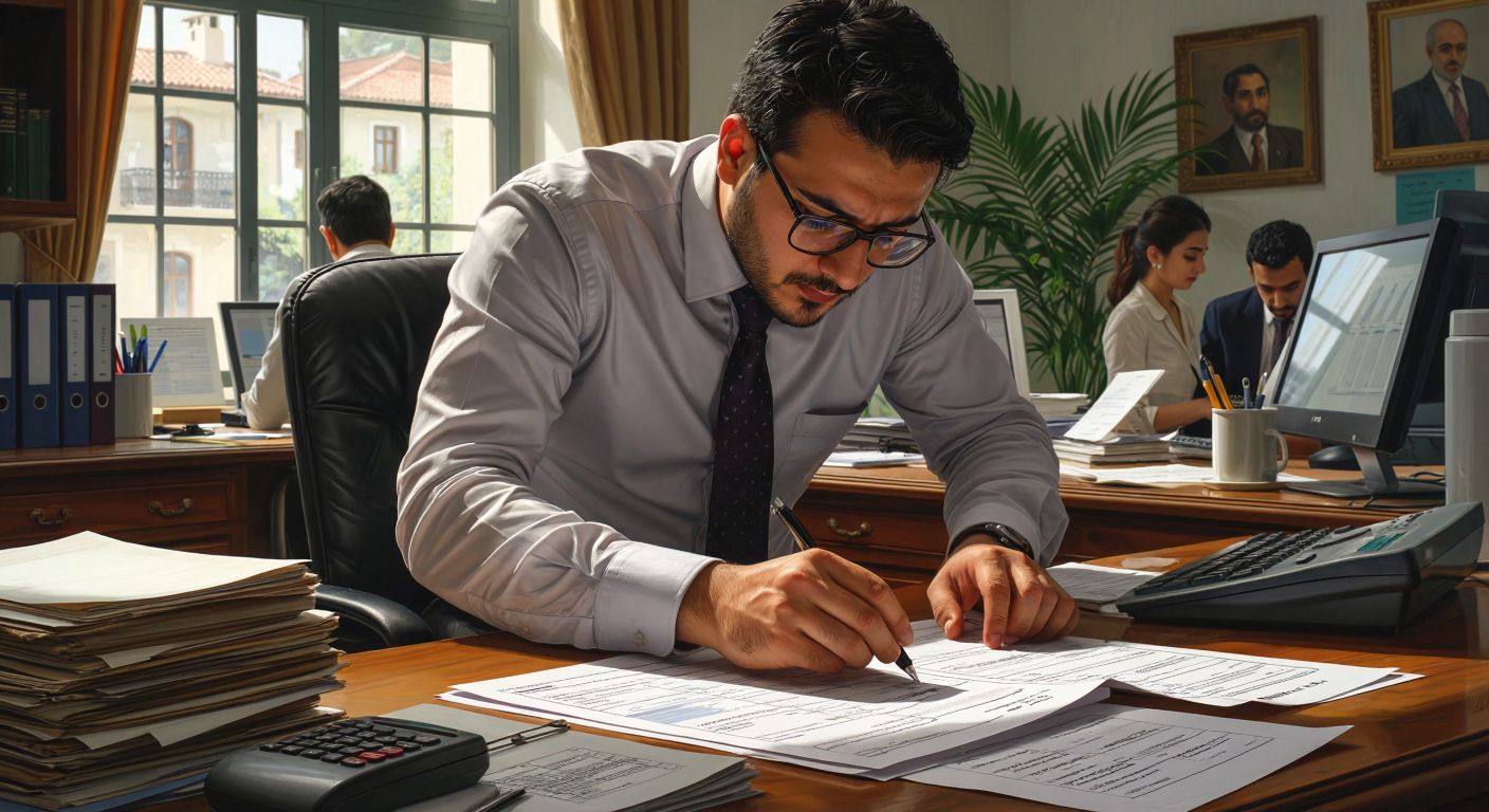 A Turkish accountant in a busy office, wearing glasses and a formal shirt, carefully stamps a printed invoice with a focused expression, while a calendar on the desk subtly highlights a seven-day period.