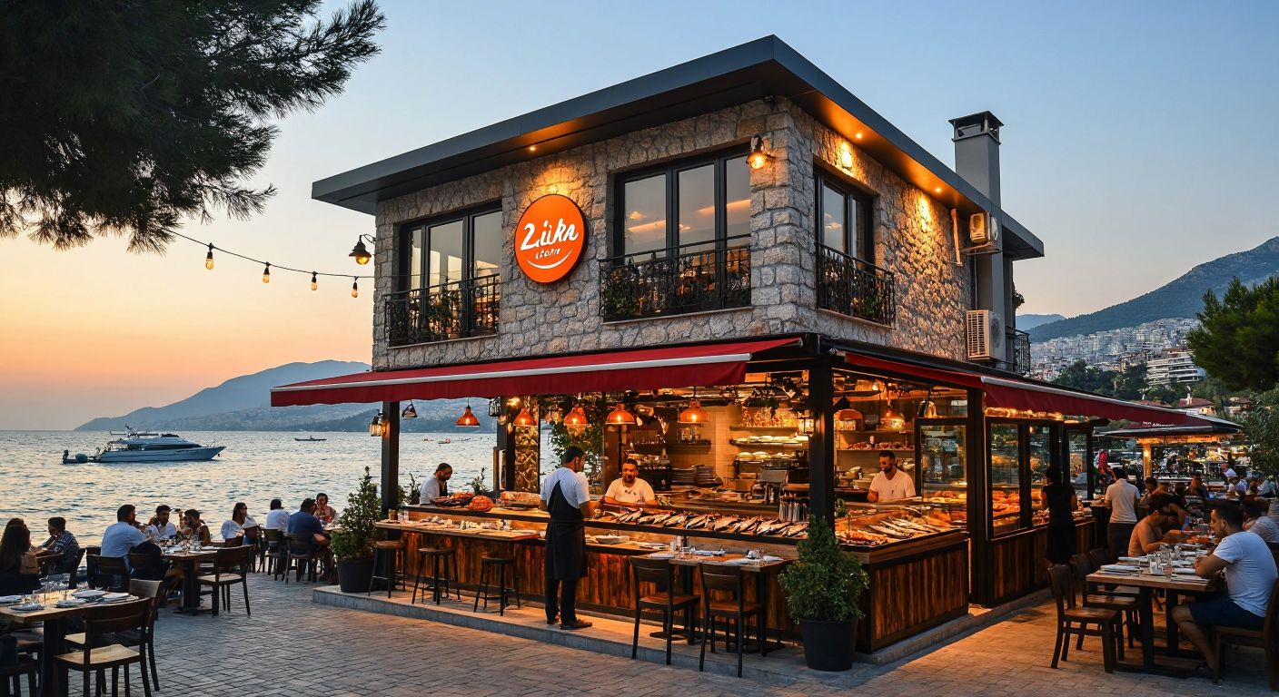 A bustling Turkish coastal scene with three distinct restaurant facades—a seafood spot in Antalya with a smiling owner grilling fish, a sleek sushi bar in Alanya under corporate signage, and a mysterious Izmir eatery with its door slightly ajar.