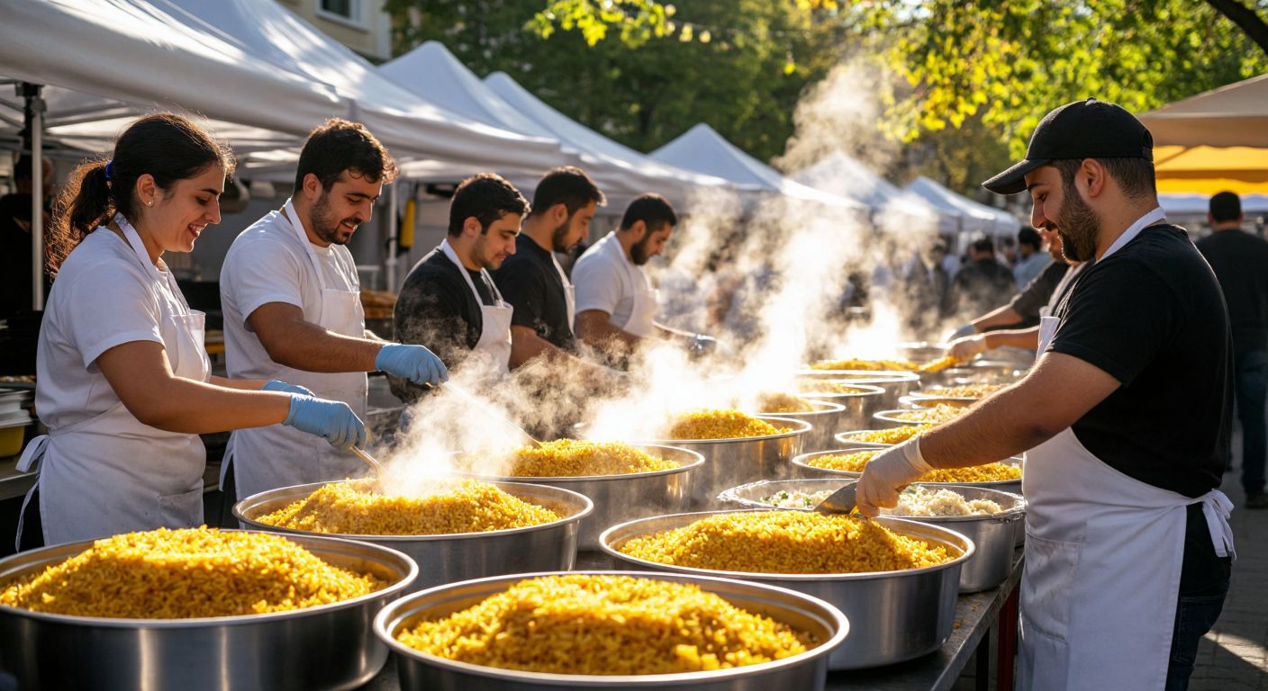 A bustling Turkish pilav shop with steaming trays of golden rice pilaf, surrounded by cheerful workers in white aprons packing large aluminum containers for a lively outdoor event under a sunny sky.