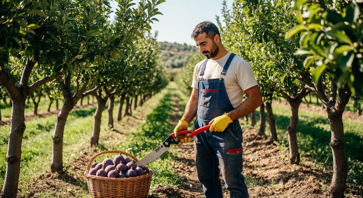 A Turkish gardener in a sunlit orchard holds an İzeltaş pruning shear in one hand and a pruning saw in the other, with neatly trimmed branches and a basket of fresh figs nearby.